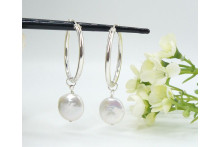 White Coin Pearl on Large Sterling Silver Hoop Earrings 